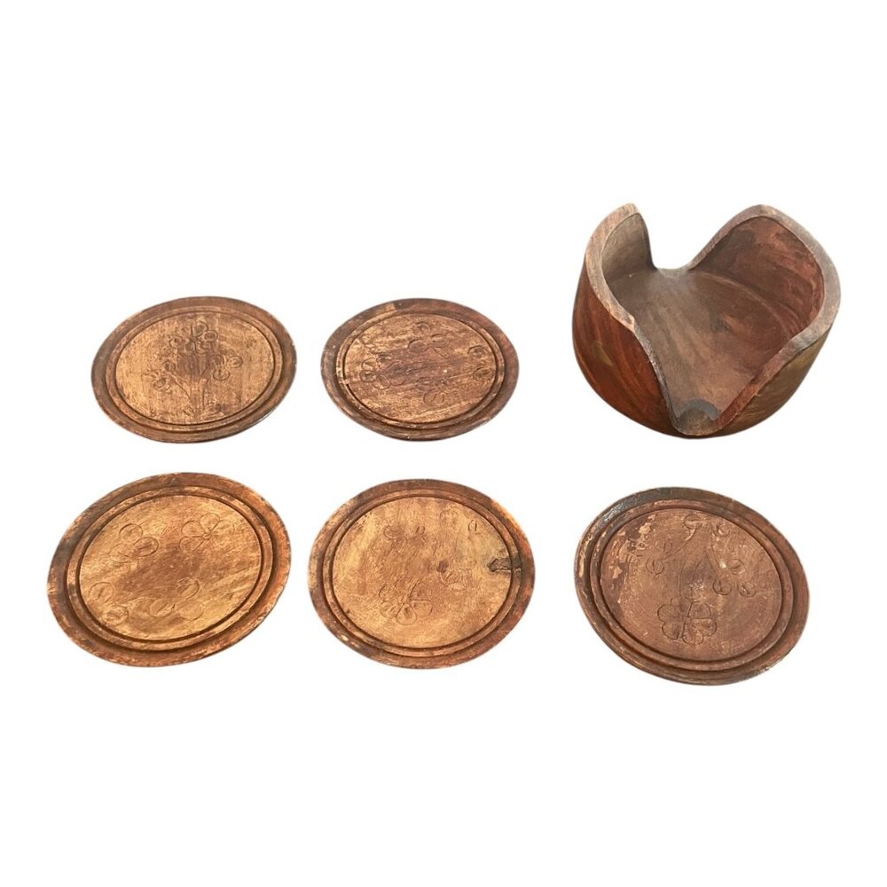 Vtg Teak Wood Coaster Set Brass Inlay Caddy & Hand-Carved Coasters 3 3/8" India
